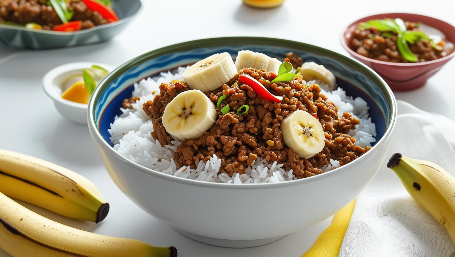 Arroz com picadinho e banana (Imagem meramente Ilustrativa)